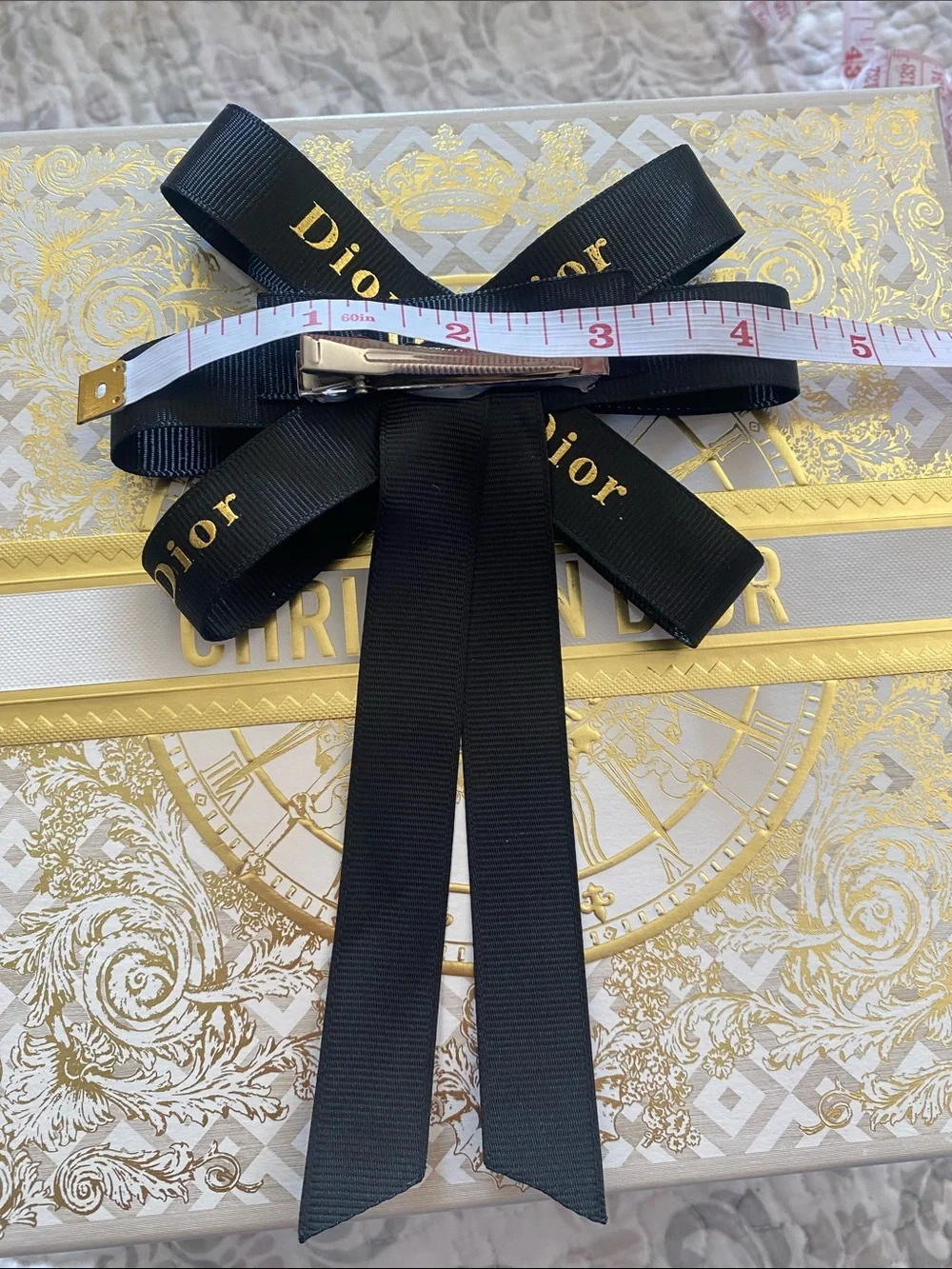 Handmade Dior Black Ribbon Hair Bow with Pearl Center